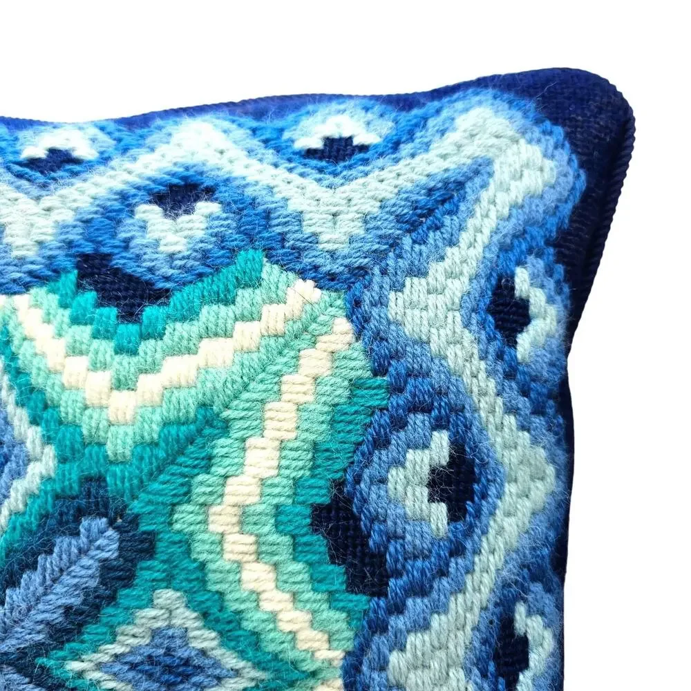 Vtg Bucilla Bargello Needlepoint Pillow Geometric Kaleidoscope 70s MCM Blue 12